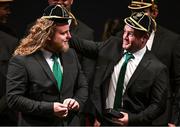 2 September 2023; Finlay Bealham, left, puts on his cap with the help of Dave Kilcoyne during the Ireland Rugby World Cup 2023 welcome ceremony at Le Grand Théâtre de Tours in France. Photo by Brendan Moran/Sportsfile