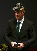 2 September 2023; Ireland captain Jonathan Sexton wearing his Rugby World Cup 2023 cap during the Ireland Rugby World Cup welcome ceremony at Le Grand Théâtre de Tours in France. Photo by Brendan Moran/Sportsfile