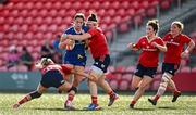 2 September 2023; Leah Tarpey of Leinster is tackled by Stephanie Nunan, left, and Chloe Pearse of Munster during the Vodafone Women’s Interprovincial Championship final between Munster and Leinster at Musgrave Park in Cork. Photo by Eóin Noonan/Sportsfile