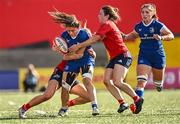 2 September 2023; Aimee Clarke of Leinster is tackled by Eimear Considine, left, and Deirbhile Nic a Bháird of Munster during the Vodafone Women’s Interprovincial Championship final between Munster and Leinster at Musgrave Park in Cork. Photo by Eóin Noonan/Sportsfile