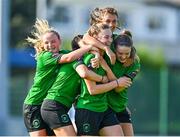 2 September 2023; Ellen Dolan of Peamount United, centre, celebrates with teammates after scoring their side's second goal during the SSE Airtricity Women's Premier Division match between DLR Waves and Peamount United at Whitehall Stadium in Dublin. Photo by Tyler Miller/Sportsfile