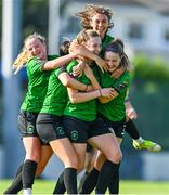 2 September 2023; Ellen Dolan of Peamount United, centre, celebrates with teammates after scoring their side's second goal during the SSE Airtricity Women's Premier Division match between DLR Waves and Peamount United at Whitehall Stadium in Dublin. Photo by Tyler Miller/Sportsfile
