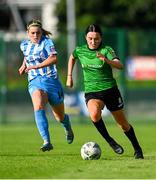 2 September 2023; Sadhbh Doyle of Peamount United in action against Amber Cosgrove of DLR Waves during the SSE Airtricity Women's Premier Division match between DLR Waves and Peamount United at Whitehall Stadium in Dublin. Photo by Tyler Miller/Sportsfile