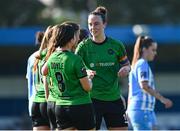 2 September 2023; Karen Duggan of Peamount United, right, celebrates with teammate Sadhbh Doyle after scoring their side's third goal during the SSE Airtricity Women's Premier Division match between DLR Waves and Peamount United at Whitehall Stadium in Dublin. Photo by Tyler Miller/Sportsfile