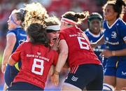 2 September 2023; Ruth Campbell of Leinster is tackled by Deirbhile Nic a Bháird, left, and Chloe Pearse of Munster during the Vodafone Women’s Interprovincial Championship final between Munster and Leinster at Musgrave Park in Cork. Photo by Eóin Noonan/Sportsfile