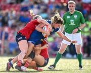 2 September 2023; Leah Tarpey of Leinster is tackled by Stephanie Carroll of Munster during the Vodafone Women’s Interprovincial Championship final between Munster and Leinster at Musgrave Park in Cork. Photo by Eóin Noonan/Sportsfile