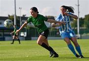 2 September 2023; Sadhbh Doyle of Peamount United in action against Isobel Finnegan of DLR Waves during the SSE Airtricity Women's Premier Division match between DLR Waves and Peamount United at Whitehall Stadium in Dublin. Photo by Tyler Miller/Sportsfile