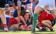2 September 2023; Leah Tarpey of Leinster goes over to score her side's second try during the Vodafone Women’s Interprovincial Championship final between Munster and Leinster at Musgrave Park in Cork. Photo by Eóin Noonan/Sportsfile
