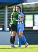 2 September 2023; Ellen Dolan of Peamount United and Eve Conheady of DLR Waves embrace after the SSE Airtricity Women's Premier Division match between DLR Waves and Peamount United at Whitehall Stadium in Dublin. Photo by Tyler Miller/Sportsfile