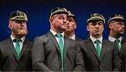 2 September 2023; Ireland players, from left, Jeremy Loughman, Rob Herring, Joe McCarthy, Jimmy O’Brien and Caelan Doris with their Rugby World Cup 2023 caps during their Rugby World Cup 2023 welcome ceremony at Le Grand Théâtre de Tours in France. Photo by Brendan Moran/Sportsfile
