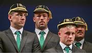 2 September 2023; Caelan Doris, second from left, and his teammates with their Rugby World Cup 2023 cap during the Ireland Rugby World Cup 2023 welcome ceremony at Le Grand Théâtre de Tours in France. Photo by Brendan Moran/Sportsfile