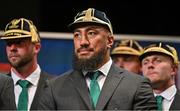 2 September 2023; Bundee Aki with his Rugby World Cup 2023 cap during the Ireland Rugby World Cup 2023 welcome ceremony at Le Grand Théâtre de Tours in France. Photo by Brendan Moran/Sportsfile