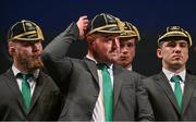 2 September 2023; Rob Herring, centre, and teammates with their Rugby World Cup 2023 caps during the Ireland Rugby World Cup 2023 welcome ceremony at Le Grand Théâtre de Tours in France. Photo by Brendan Moran/Sportsfile
