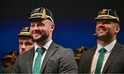 2 September 2023; Robbie Henshaw and Tadhg Beirne, right, with their Rugby World Cup 2023 cap during the Ireland Rugby World Cup 2023 welcome ceremony at Le Grand Théâtre de Tours in France. Photo by Brendan Moran/Sportsfile