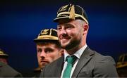 2 September 2023; Robbie Henshaw with his Rugby World Cup 2023 cap during the Ireland Rugby World Cup 2023 welcome ceremony at Le Grand Théâtre de Tours in France. Photo by Brendan Moran/Sportsfile