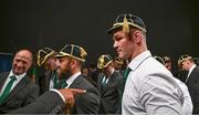 2 September 2023; Captain Jonathan Sexton with his Rugby World Cup 2023 cap during the Ireland Rugby World Cup 2023 welcome ceremony at Le Grand Théâtre de Tours in France. Photo by Brendan Moran/Sportsfile