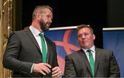 2 September 2023; Head coach Andy Farrell, left, and national scrum coach John Fogarty during the Ireland Rugby World Cup 2023 welcome ceremony at Le Grand Théâtre de Tours in France. Photo by Brendan Moran/Sportsfile