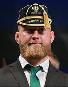 2 September 2023; Jeremy Loughman with his Rugby World Cup 2023 cap during the Ireland Rugby World Cup 2023 welcome ceremony at Le Grand Théâtre de Tours in France. Photo by Brendan Moran/Sportsfile