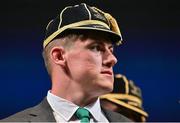 2 September 2023; Dan Sheehan with his Rugby World Cup 2023 cap during the Ireland Rugby World Cup 2023 welcome ceremony at Le Grand Théâtre de Tours in France. Photo by Brendan Moran/Sportsfile