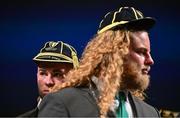 2 September 2023; Jack Crowley, left, and teammate Finlay Bealham with their Rugby World Cup 2023 caps during the Ireland Rugby World Cup 2023 welcome ceremony at Le Grand Théâtre de Tours in France. Photo by Brendan Moran/Sportsfile