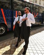 2 September 2023; Jamison Gibson-Park, left, and Mack Hansen arrive for the Ireland Rugby World Cup 2023 welcome ceremony at Le Grand Théâtre de Tours in France. Photo by Brendan Moran/Sportsfile