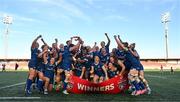 2 September 2023; Leinster players celebrate with the cup after the Vodafone Women’s Interprovincial Championship final between Munster and Leinster at Musgrave Park in Cork. Photo by Eóin Noonan/Sportsfile