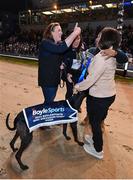 2 September 2023; Trainer Jennifer O'Donnell is congratulated by winning connections after winning the 2023 BoyleSports Irish Greyhound Derby Final with The Other Kobe at Shelbourne Park in Dublin. Photo by Seb Daly/Sportsfile