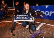 2 September 2023; Trainer Jennifer O'Donnell and The Other Kobe after winning the 2023 BoyleSports Irish Greyhound Derby Final at Shelbourne Park in Dublin. Photo by Seb Daly/Sportsfile