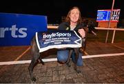 2 September 2023; Trainer Jennifer O'Donnell and The Other Kobe after winning the 2023 BoyleSports Irish Greyhound Derby Final at Shelbourne Park in Dublin. Photo by Seb Daly/Sportsfile