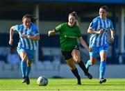 2 September 2023; Rebecca Watkins of Peamount United in action against Isobel Finnegan of DLR Waves, left, and Cliodhna Donnelly during the SSE Airtricity Women's Premier Division match between DLR Waves and Peamount United at Whitehall Stadium in Dublin. Photo by Tyler Miller/Sportsfile