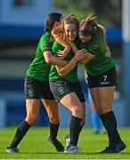 2 September 2023; Ellen Dolan of Peamount United, centre, celebrates with teammates Sadhbh Doyle, left, and Rebecca Watkins after scoring their side's second goal during the SSE Airtricity Women's Premier Division match between DLR Waves and Peamount United at Whitehall Stadium in Dublin. Photo by Tyler Miller/Sportsfile