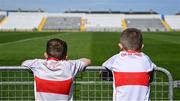 3 September 2023; Young De La Salle supporters Liam Power, age 9, left, and Ollie Fitzpatrick, age 9, from Hillview, Waterford, look out to the newly redeveloped North Stand before the Waterford County Senior Club Hurling Championship Semi-Final match between De La Salle and Roanmore at Walsh Park in Waterford. Photo by Seb Daly/Sportsfile