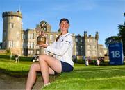 3 September 2023; Smilla Tarning Sønderby of Denmark with her trophy in front of Dromoland Castle after day four of the KPMG Women's Irish Open Golf Championship at Dromoland Castle in Clare. Photo by Eóin Noonan/Sportsfile