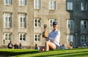 3 September 2023; Smilla Tarning Sønderby of Denmark with her trophy in front of Dromoland Castle after day four of the KPMG Women's Irish Open Golf Championship at Dromoland Castle in Clare. Photo by Eóin Noonan/Sportsfile
