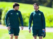 4 September 2023; Matt Doherty, left, and Jeff Hendrick during a Republic of Ireland training session at the FAI National Training Centre in Abbotstown, Dublin. Photo by Stephen McCarthy/Sportsfile
