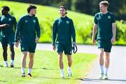 4 September 2023; Players, from left, Matt Doherty, Jeff Hendrick and Nathan Collins arrive for a Republic of Ireland training session at the FAI National Training Centre in Abbotstown, Dublin. Photo by Stephen McCarthy/Sportsfile