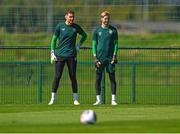 4 September 2023; Goalkeepers Mark Travers, left, and Caoimhin Kelleher during a Republic of Ireland training session at the FAI National Training Centre in Abbotstown, Dublin. Photo by Stephen McCarthy/Sportsfile