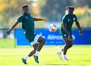 4 September 2023; Chiedozie Ogbene, left, and Festy Ebosele during a Republic of Ireland training session at the FAI National Training Centre in Abbotstown, Dublin. Photo by Stephen McCarthy/Sportsfile