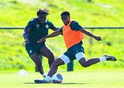 4 September 2023; Chiedozie Ogbene, right, and Festy Ebosele during a Republic of Ireland training session at the FAI National Training Centre in Abbotstown, Dublin. Photo by Stephen McCarthy/Sportsfile