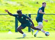 4 September 2023; Festy Ebosele and Nathan Collins, right, during a Republic of Ireland training session at the FAI National Training Centre in Abbotstown, Dublin. Photo by Stephen McCarthy/Sportsfile