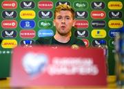 4 September 2023; Nathan Collins during a Republic of Ireland press conference at the FAI Headquarters in Abbotstown, Dublin. Photo by Stephen McCarthy/Sportsfile
