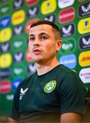 4 September 2023; Josh Cullen during a Republic of Ireland press conference at the FAI Headquarters in Abbotstown, Dublin. Photo by Stephen McCarthy/Sportsfile