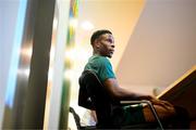 4 September 2023; Chiedozie Ogbene during a Republic of Ireland press conference at the FAI Headquarters in Abbotstown, Dublin. Photo by Stephen McCarthy/Sportsfile
