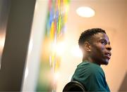 4 September 2023; Chiedozie Ogbene during a Republic of Ireland press conference at the FAI Headquarters in Abbotstown, Dublin. Photo by Stephen McCarthy/Sportsfile