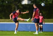 5 September 2023; Jack Crowley, left, is watched by Jonathan Sexton during an Ireland rugby squad training session at Complexe de la Chambrerie in Tours, France. Photo by Brendan Moran/Sportsfile