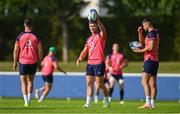 5 September 2023; Jack Crowley, centre, with Jonathan Sexton and Ross Byrne, right, during an Ireland rugby squad training session at Complexe de la Chambrerie in Tours, France. Photo by Brendan Moran/Sportsfile