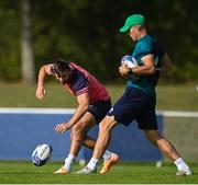 5 September 2023; Ross Byrne, left, and defence coach Simon Easterby during an Ireland rugby squad training session at Complexe de la Chambrerie in Tours, France. Photo by Brendan Moran/Sportsfile