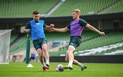 5 September 2023; Nathan Collins, right, and Ryan Manning during a Republic of Ireland training session at the Aviva Stadium in Dublin. Photo by Stephen McCarthy/Sportsfile