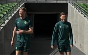 5 September 2023; Nathan Collins, left, and Jeff Hendrick during a Republic of Ireland training session at the Aviva Stadium in Dublin. Photo by Stephen McCarthy/Sportsfile