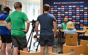 5 September 2023; Jamison Gibson-Park speaks to the media during an Ireland rugby media conference at Tours Town Hall in Tours, France. Photo by Brendan Moran/Sportsfile